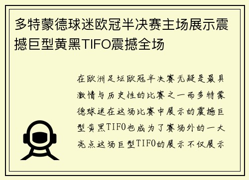 多特蒙德球迷欧冠半决赛主场展示震撼巨型黄黑TIFO震撼全场